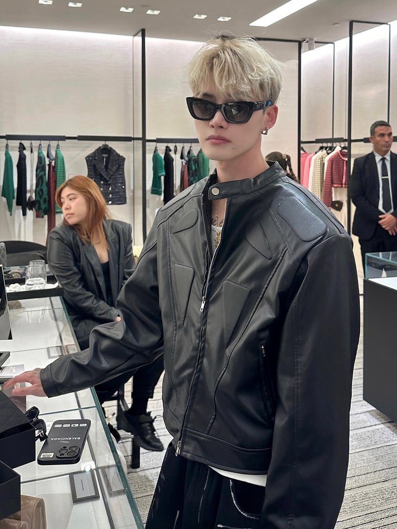 ストラクチュアル ノーカラーPUレザージャケット