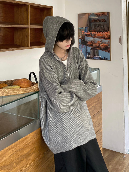 ハーフジップ フードニットセーター
