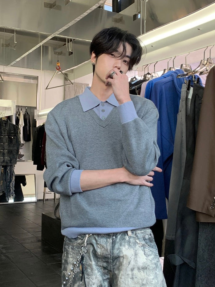 ツーピース フェイクレイヤード ポロニットセーター