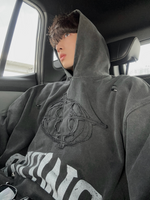 レトロ 刺繍パッチ ウォッシュプリントパーカー