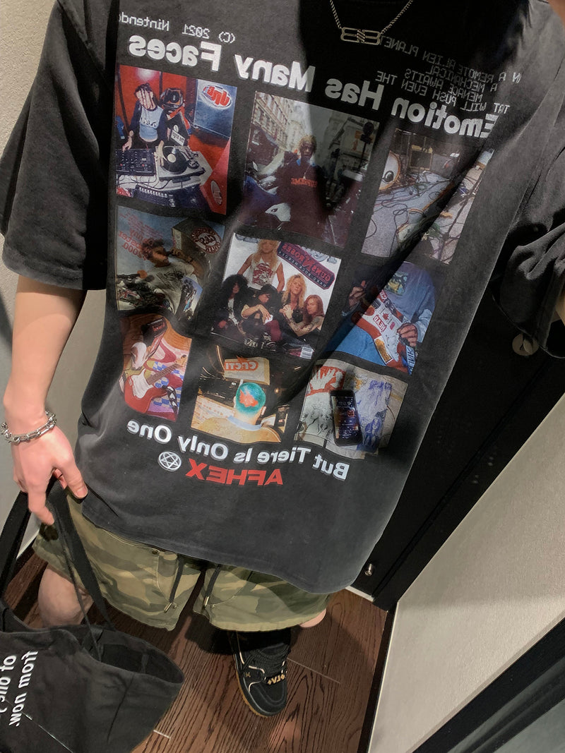 クリエイティブ グリッドプリント Tシャツ
