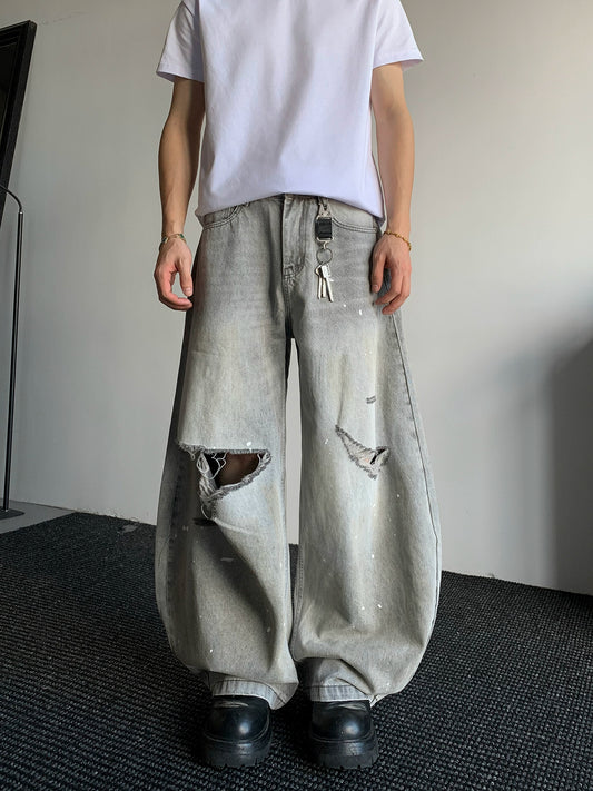 インク リッピングダメージ バギーデニムパンツ