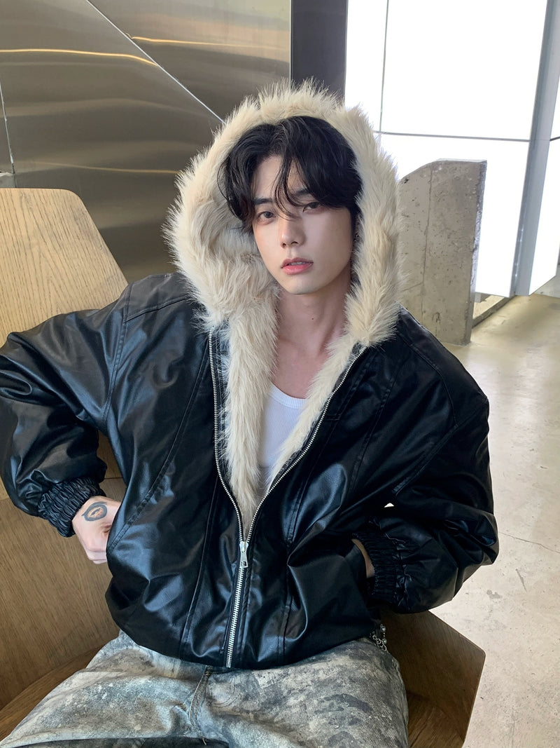 PUレザー フードファージャケット