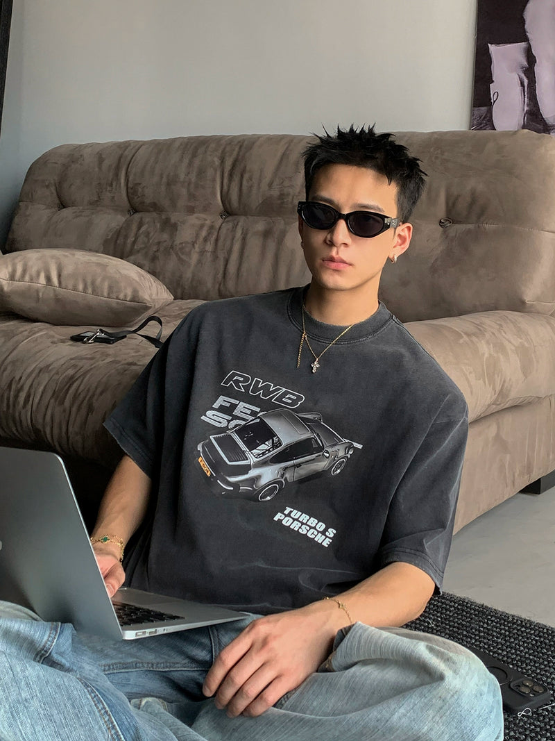 バックレタリング レーシングプリントTシャツ