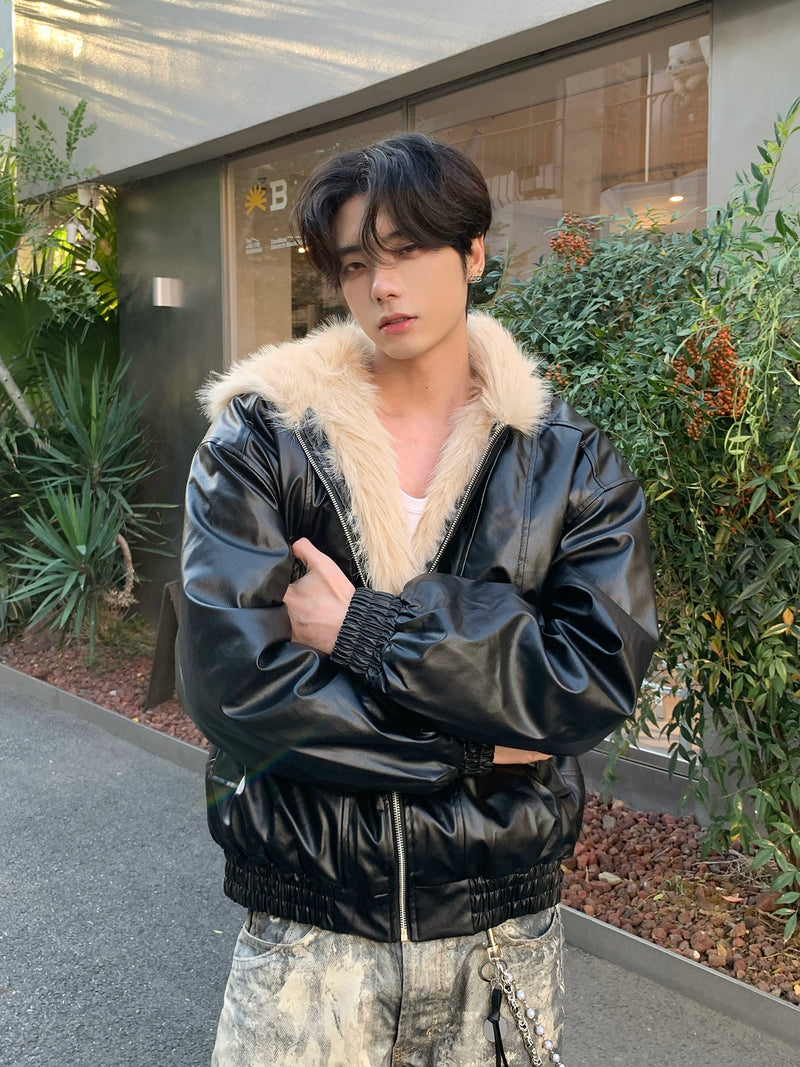 PUレザー フードファージャケット