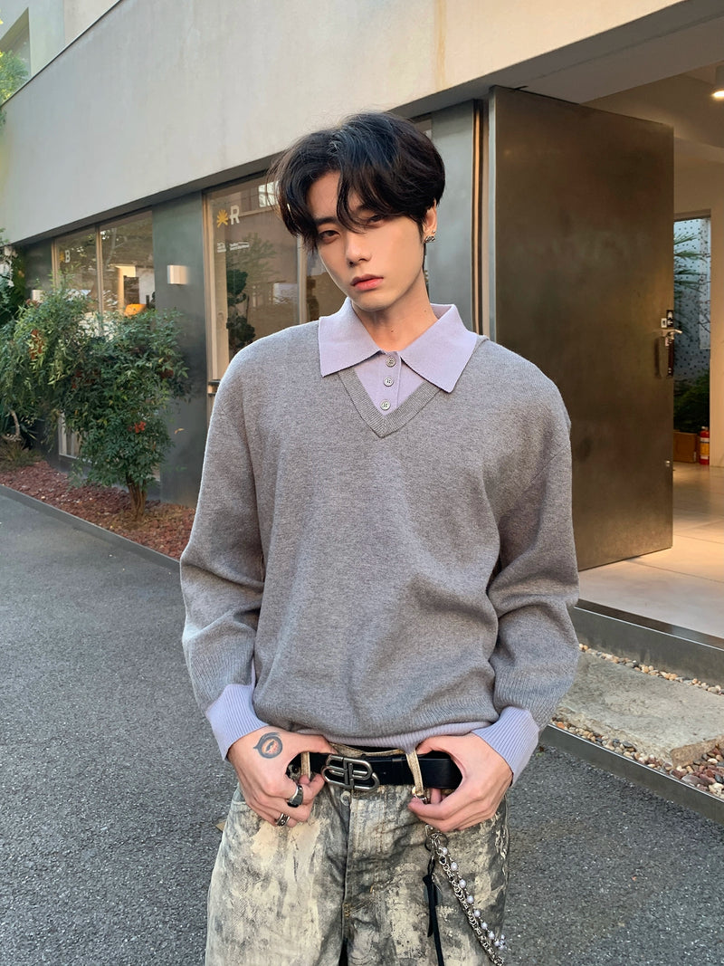 ツーピース フェイクレイヤード ポロニットセーター