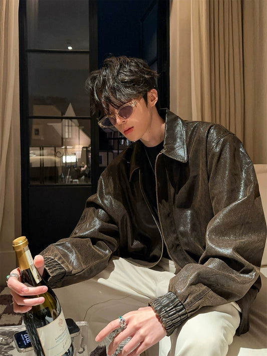 メイラード ブラウン ジップPUレザージャケット