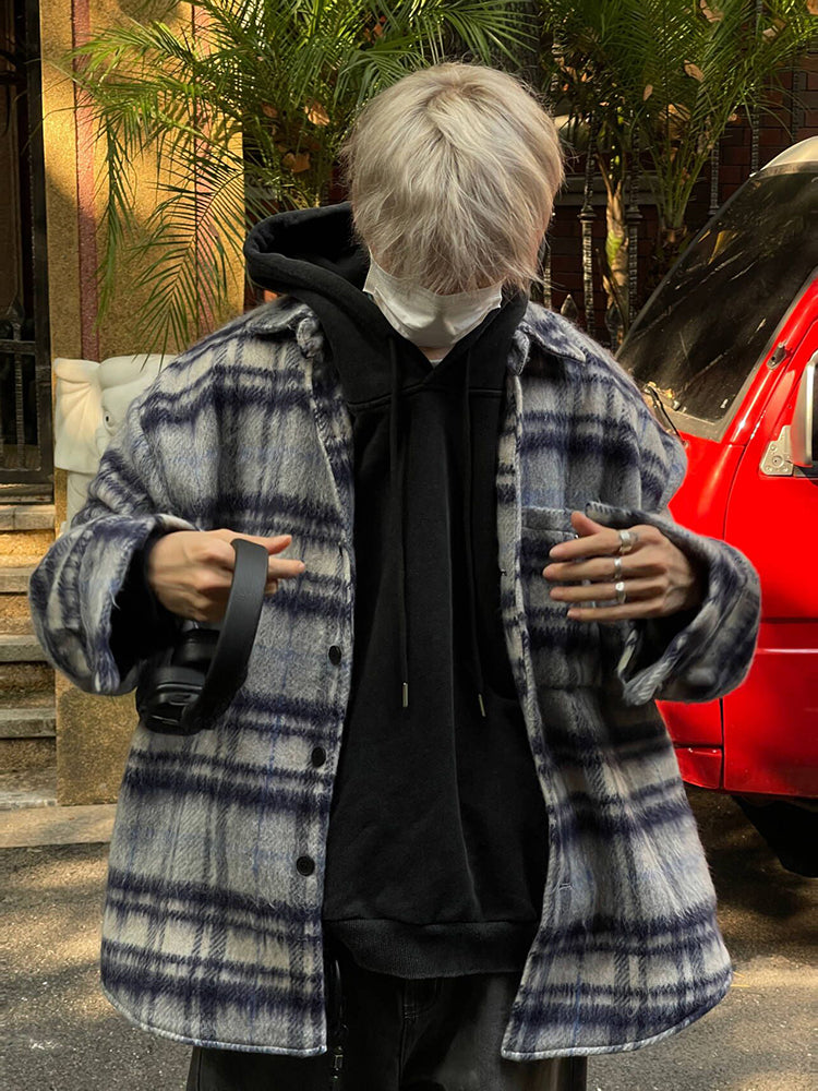 レトロチェック柄 ウールロングシャツ