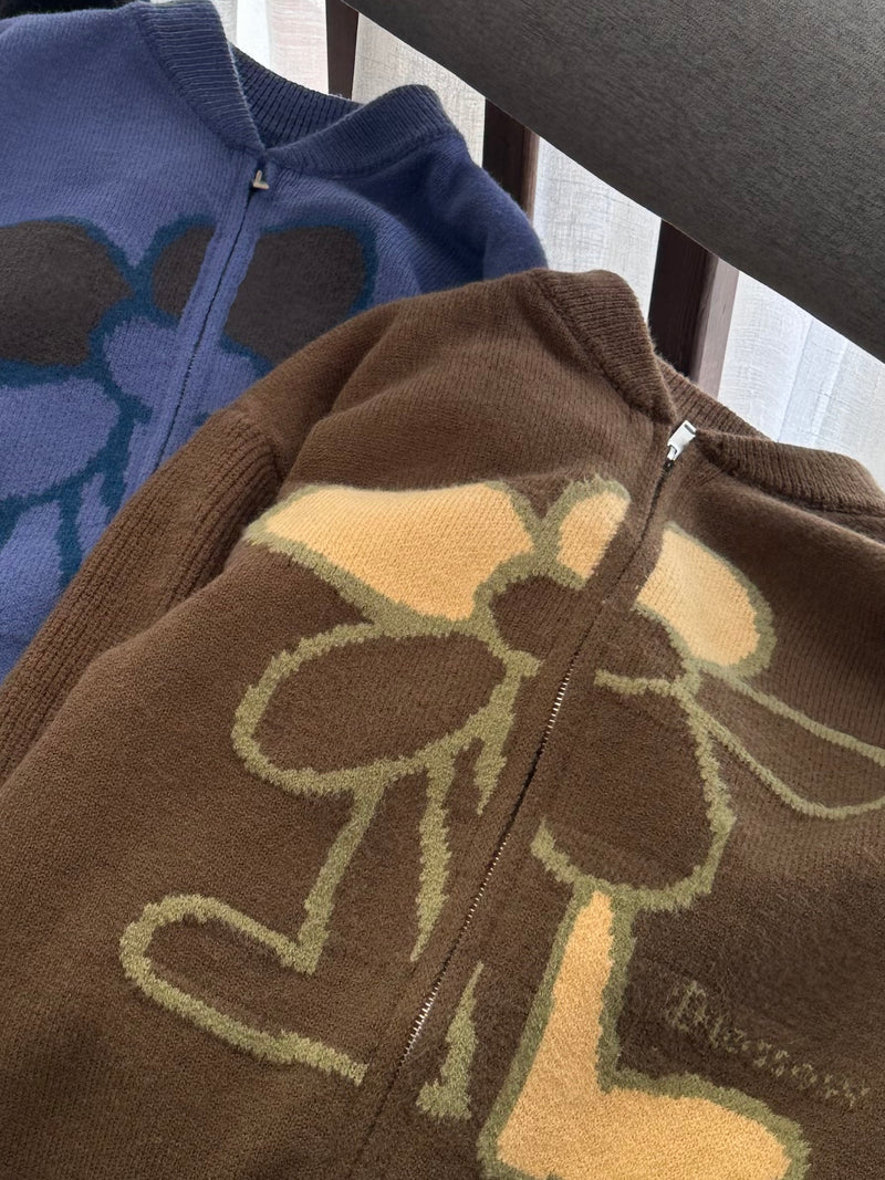 花柄 ニットジップカーディガン