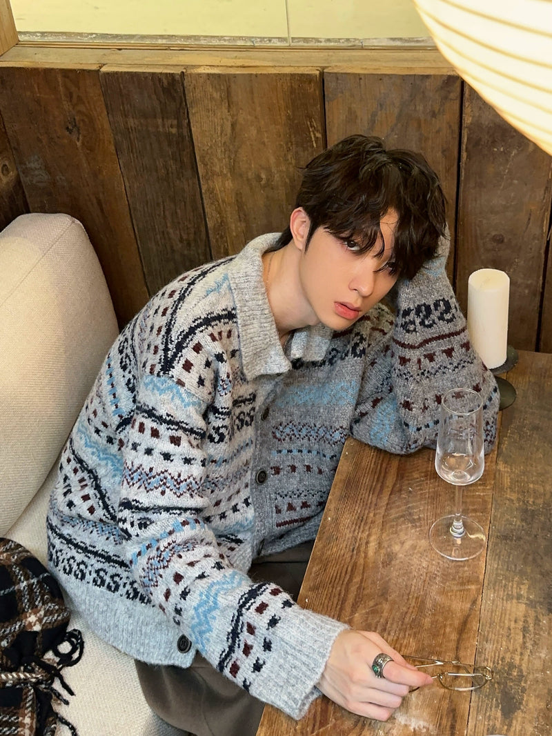フェアアイル柄 コントラスト ニットカーディガン