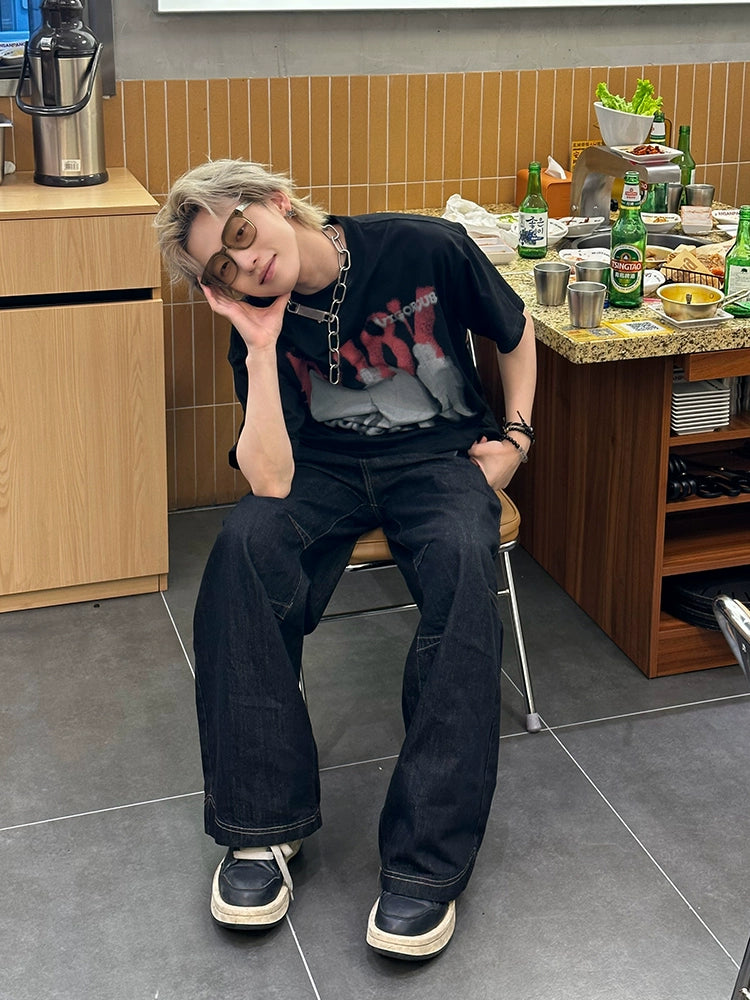 レトロ ロックスタイル レタープリントTシャツ