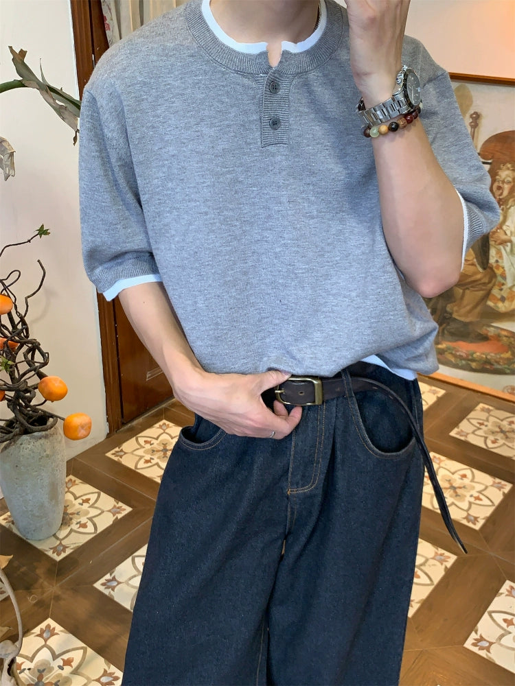 フェイクレイヤード ヘンリーネックTシャツ