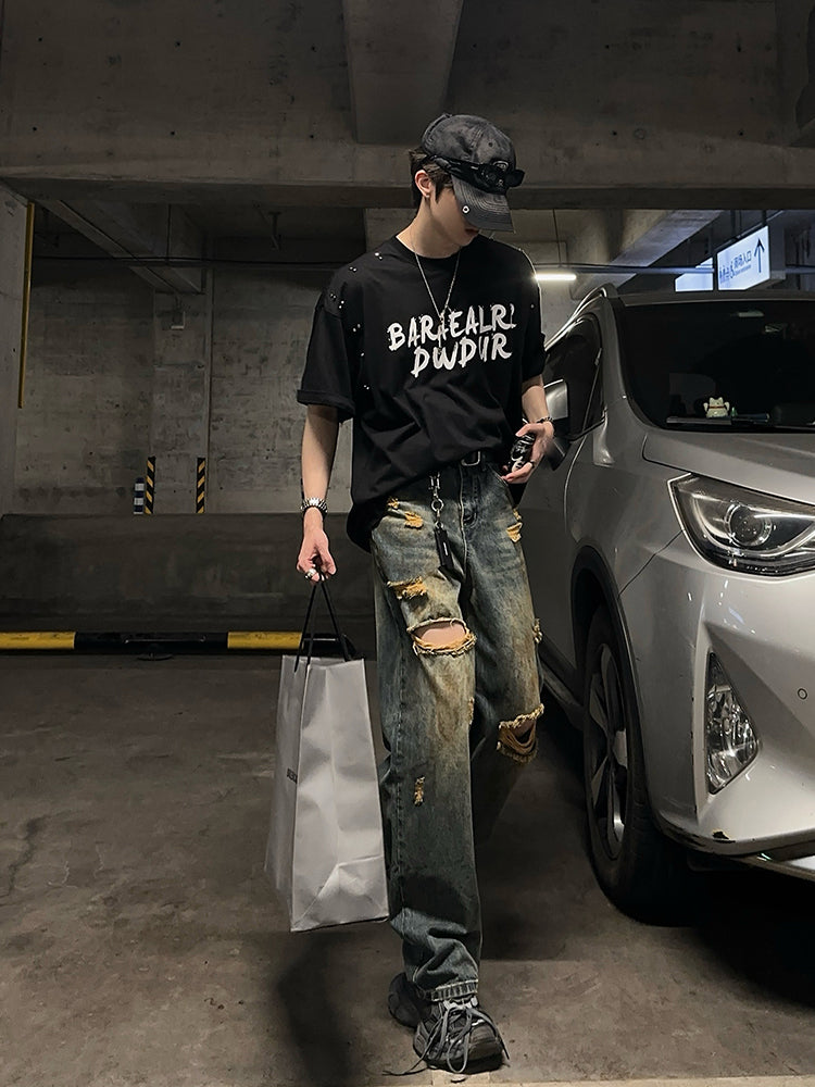 イエロー ダメージ加工 ストレート ジーンズ