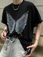 パール付き バタフライプリントTシャツ