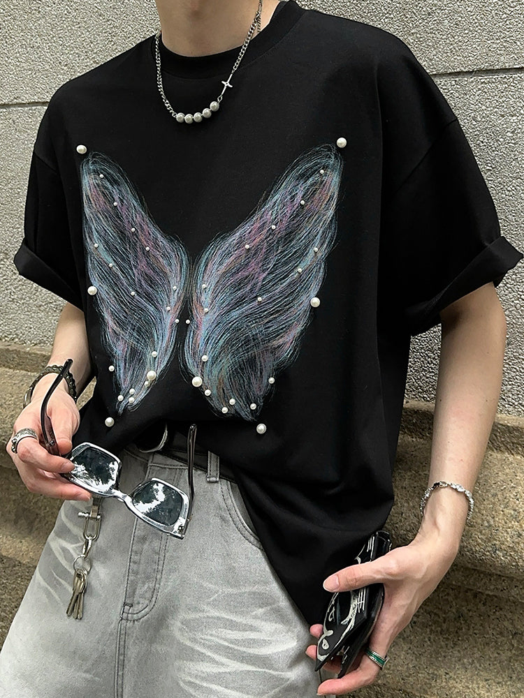 パール付き バタフライプリントTシャツ