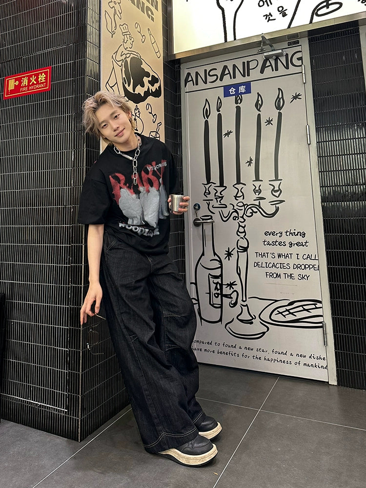 レトロ ロックスタイル レタープリントTシャツ
