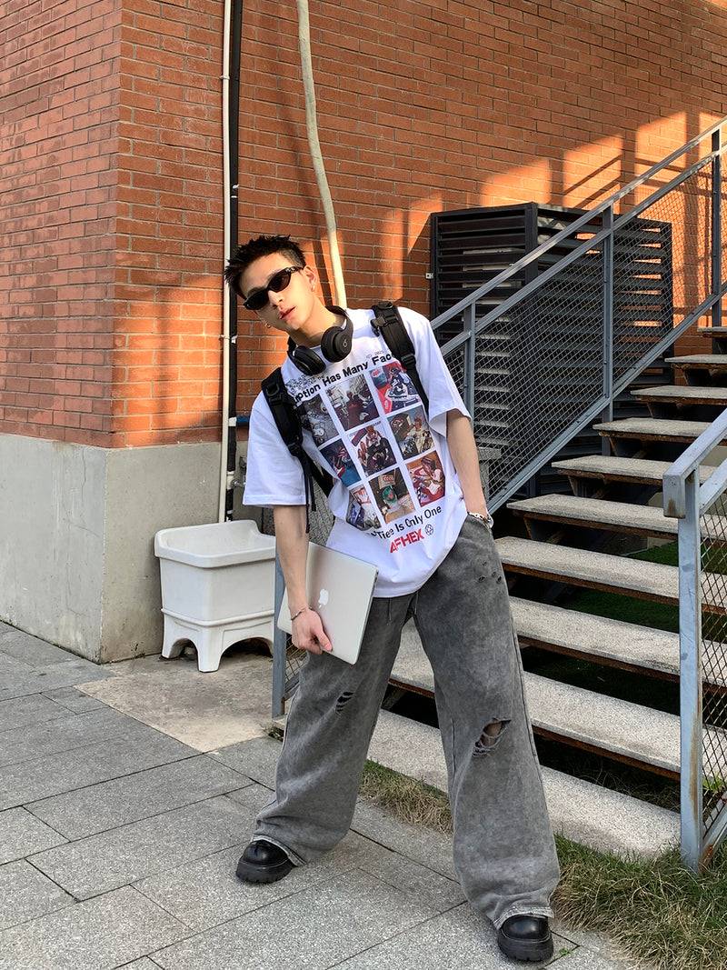 クリエイティブ グリッドプリント Tシャツ