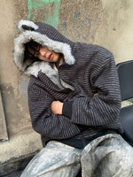 ストライプ 耳付きフード ファージャケット