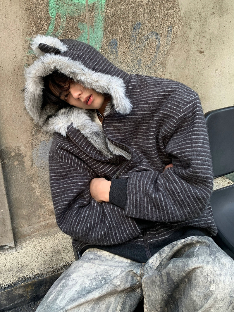 ストライプ 耳付きフード ファージャケット