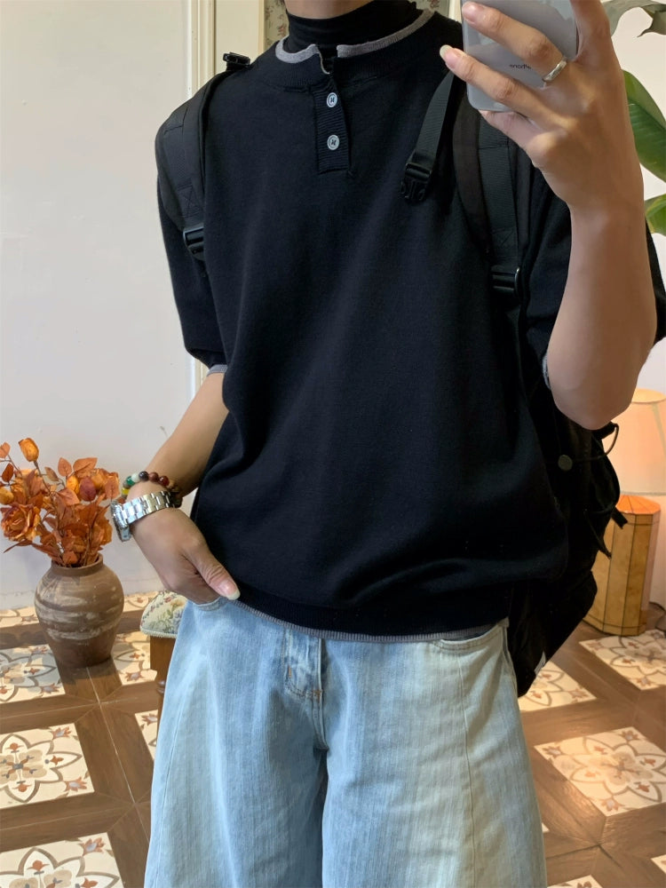フェイクレイヤード ヘンリーネックTシャツ