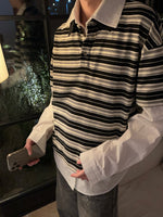 シャツ付き レイヤード ストライプポロシャツ