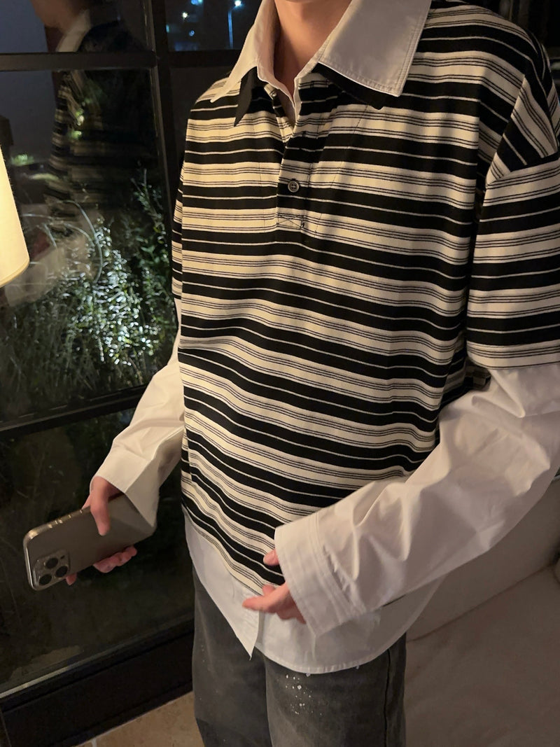 シャツ付き レイヤード ストライプポロシャツ