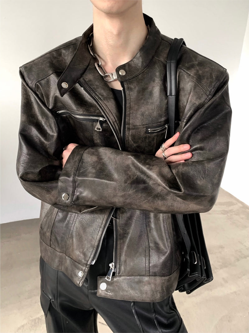 ノーカラー ジップ PUレザージャケット