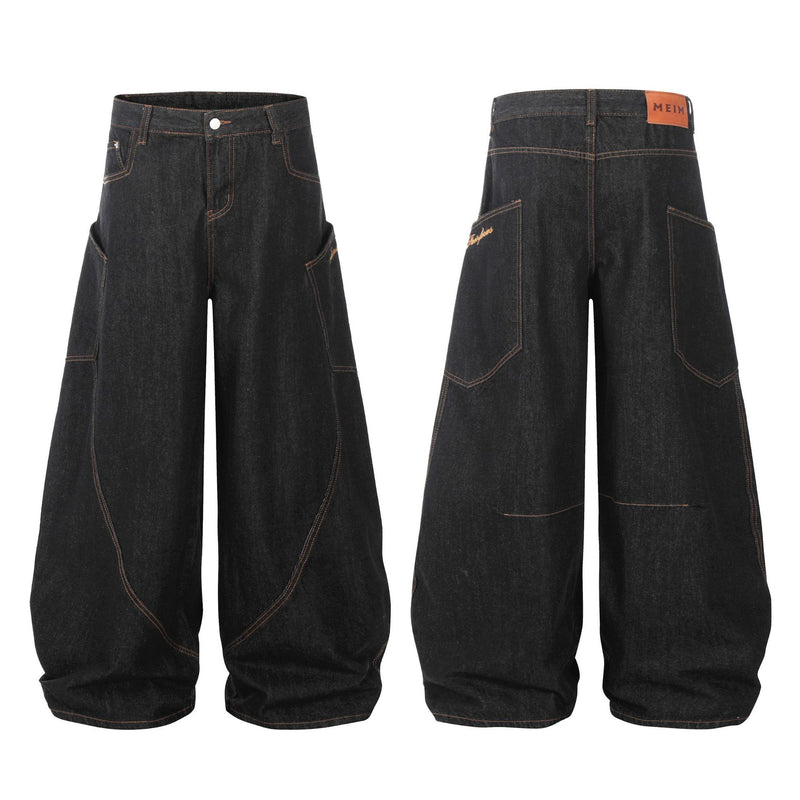 ビッグポケット 刺繍ワイドバレルレッグジーンズ