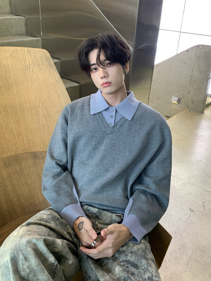 ツーピース フェイクレイヤード ポロニットセーター