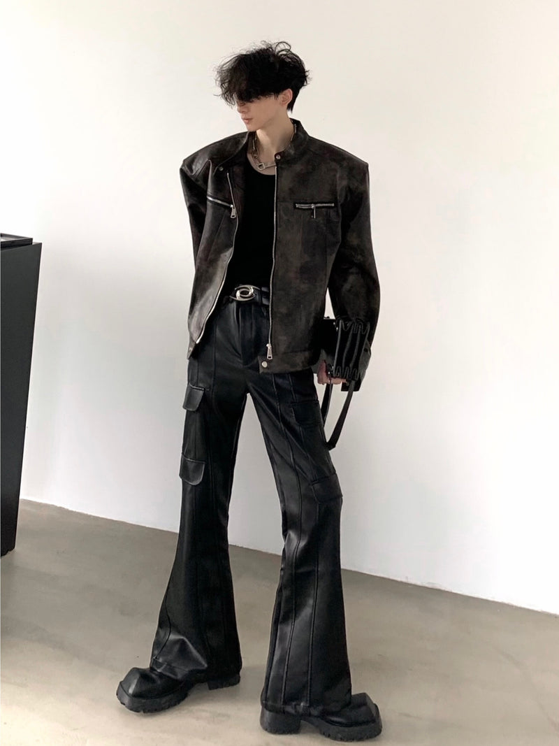 ノーカラー ジップ PUレザージャケット