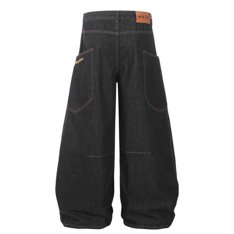 ビッグポケット 刺繍ワイドバレルレッグジーンズ