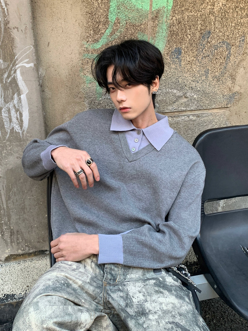 ツーピース フェイクレイヤード ポロニットセーター