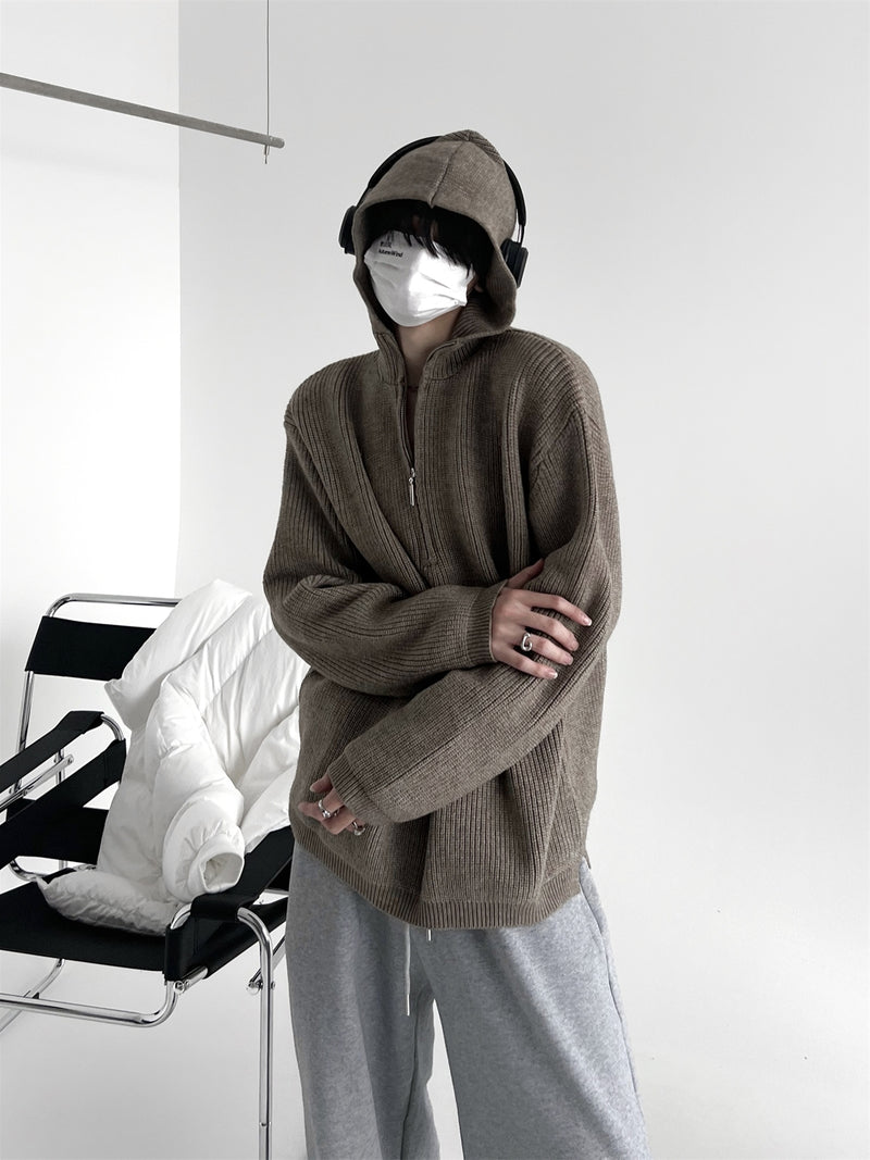 ハーフジップ フード付きニットセーター
