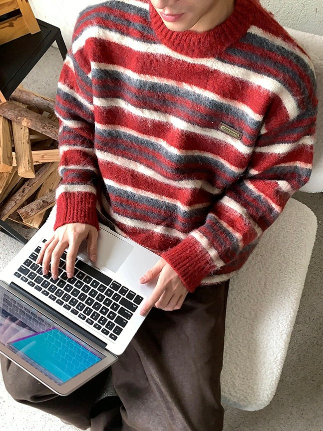 コントラストストライプ モヘアセーター
