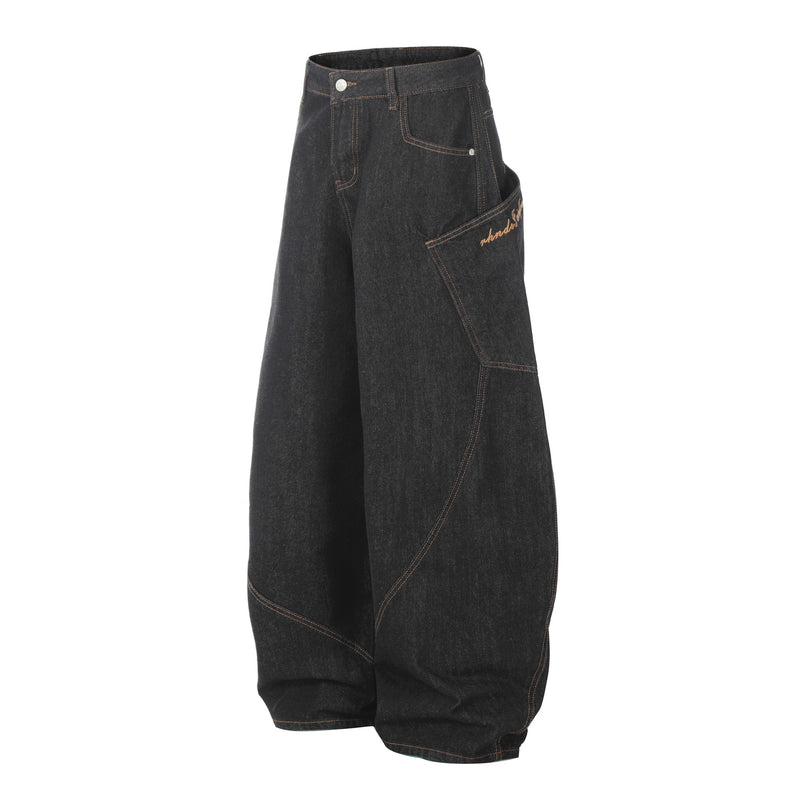 ビッグポケット 刺繍ワイドバレルレッグジーンズ
