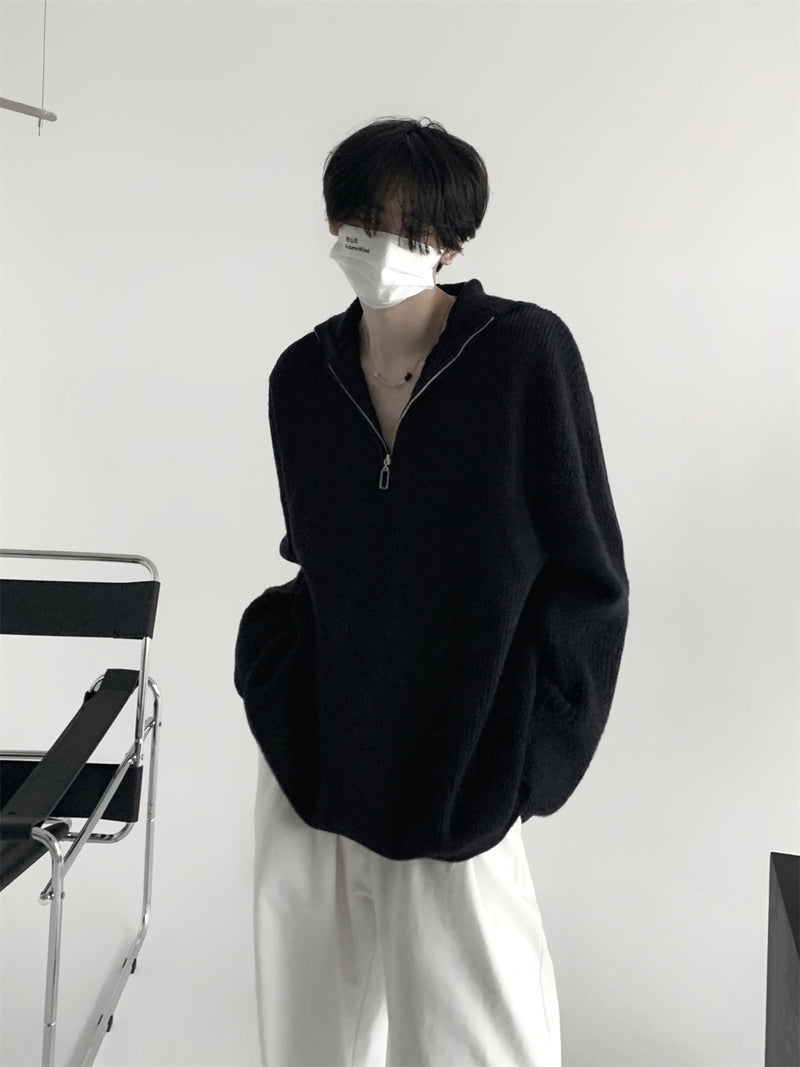 ハーフジップ フード付きニットセーター