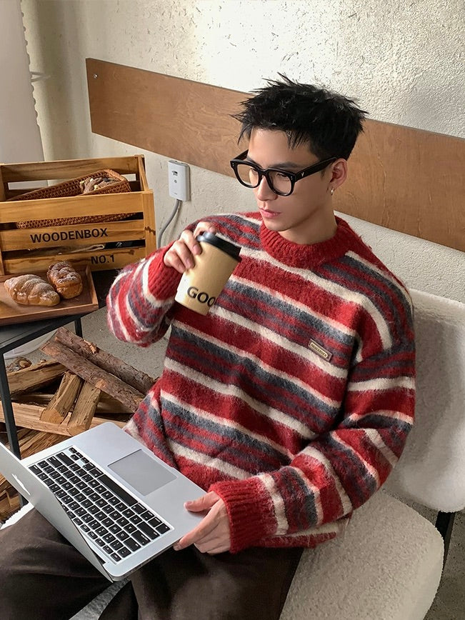 コントラストストライプ モヘアセーター