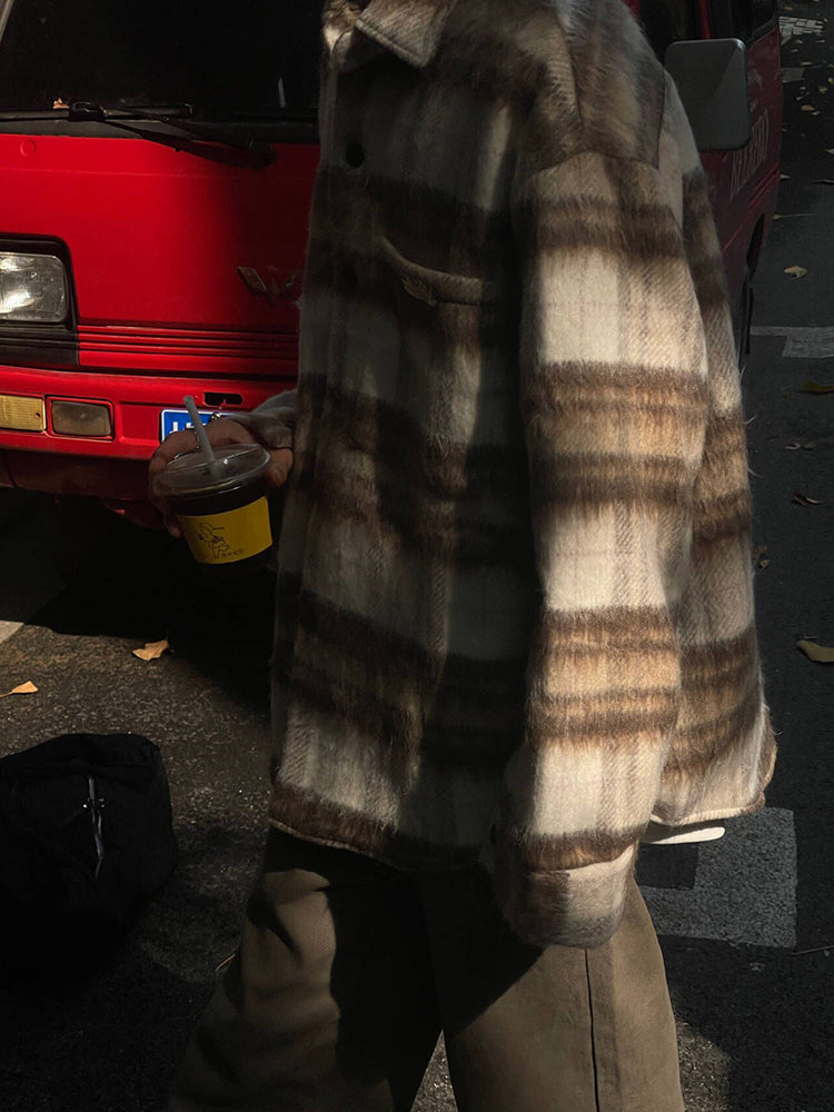 レトロチェック柄 ウールロングシャツ