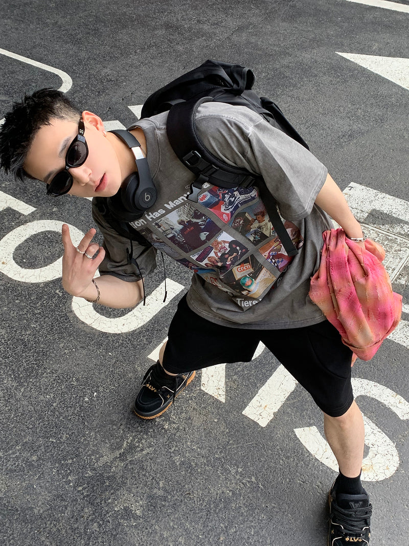 クリエイティブ グリッドプリント Tシャツ
