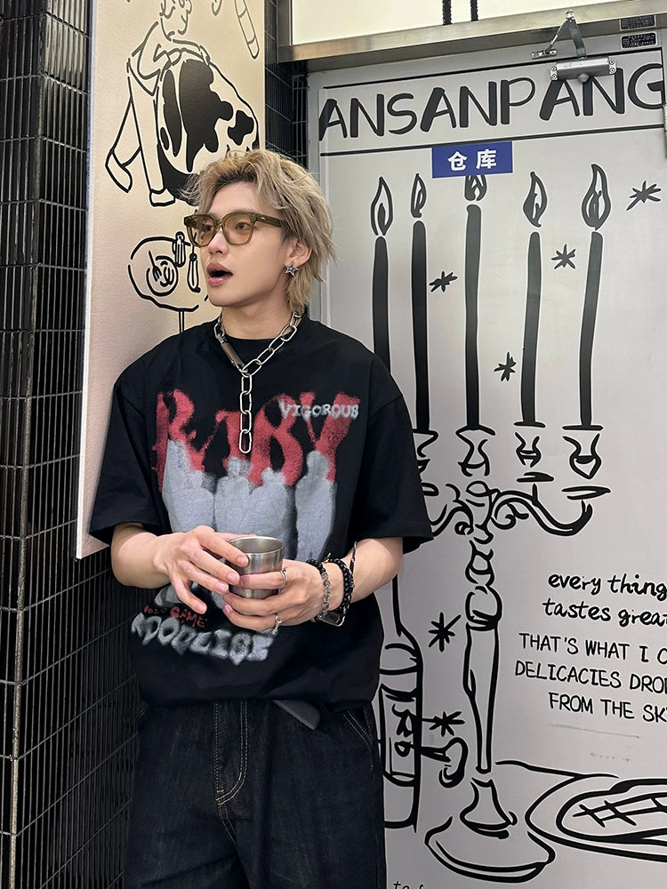 レトロ ロックスタイル レタープリントTシャツ