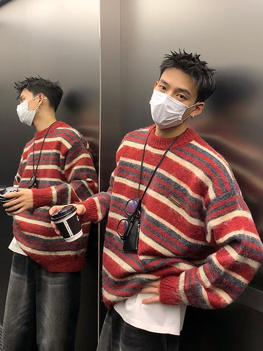 コントラストストライプ モヘアセーター