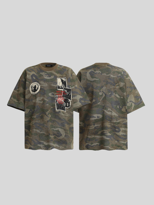 レトロ パッチ刺繍 カモフラージュ迷彩Tシャツ